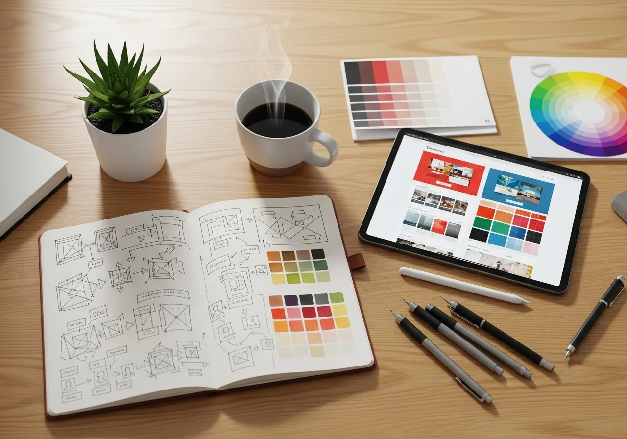 A web designer's desk with sketches, swatches, and a tablet