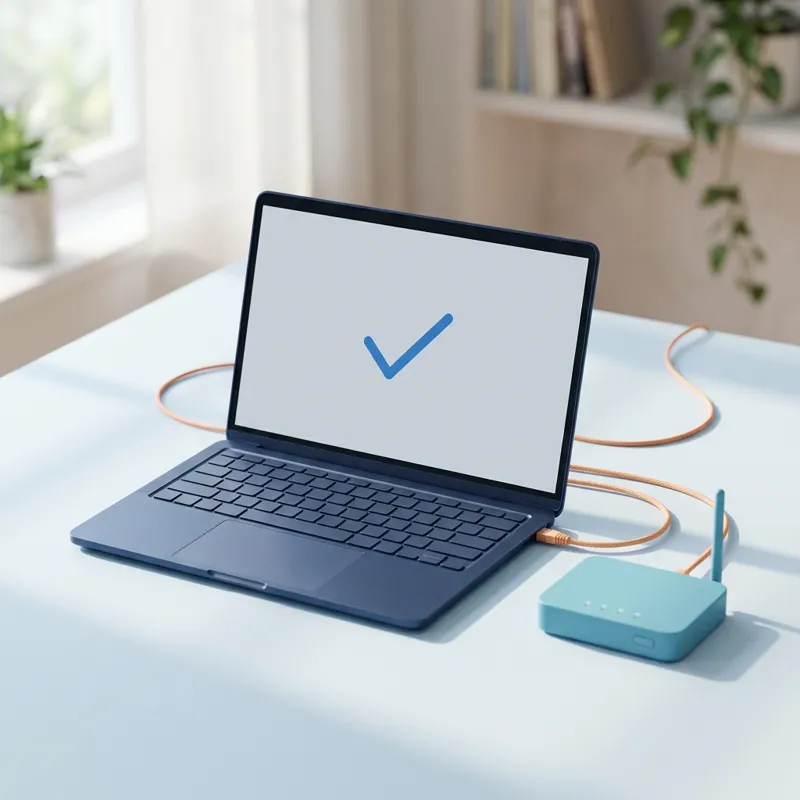 A laptop showing a blue checkmark next to a home Wi-Fi router on a bright desk