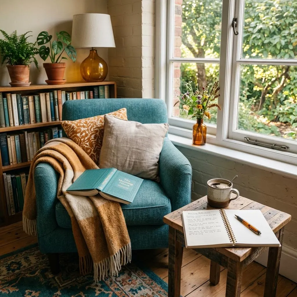 A cozy reading nook with a cup of coffee and a notebook
