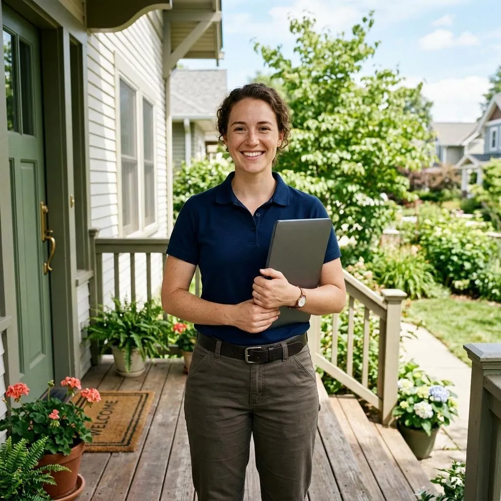 A friendly, smiling technician holding a closed laptop on a residential porch