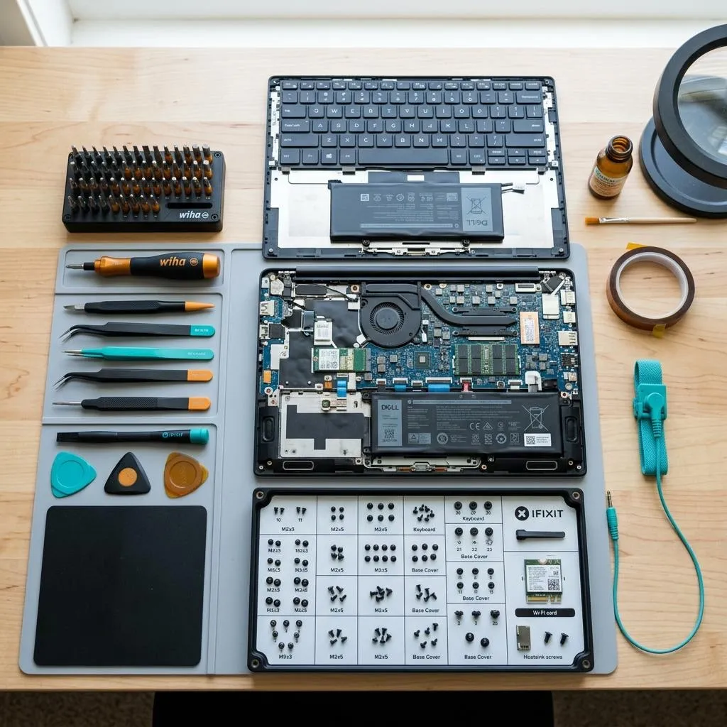A top-down view of neat precision tools and a disassembled laptop being repaired professionally