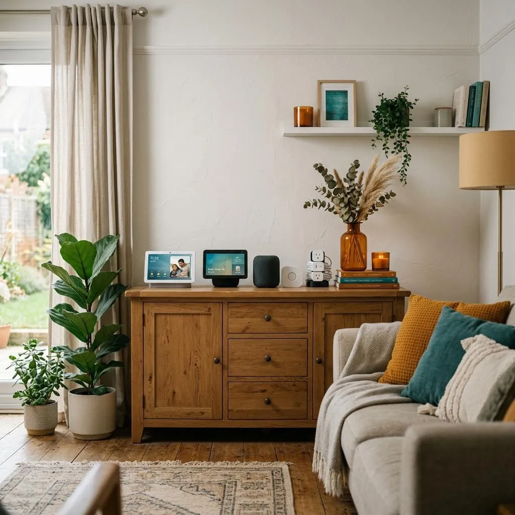 A warm and inviting home living space with smart devices