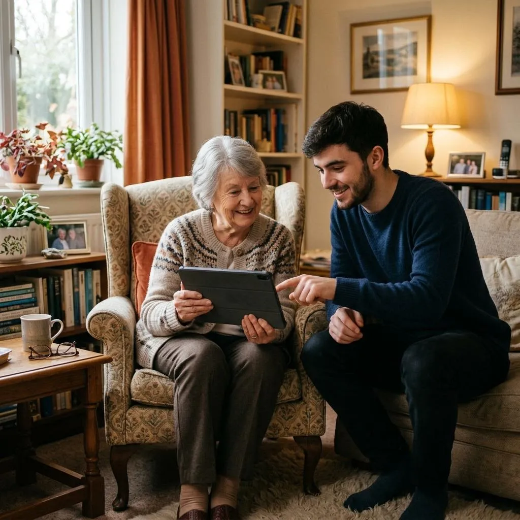 A patient IT technician helping an elderly person with a tablet