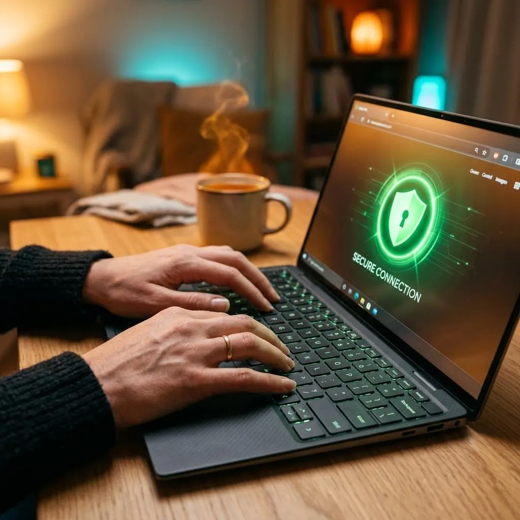 A secure remote connection showing a green shield icon on a laptop screen