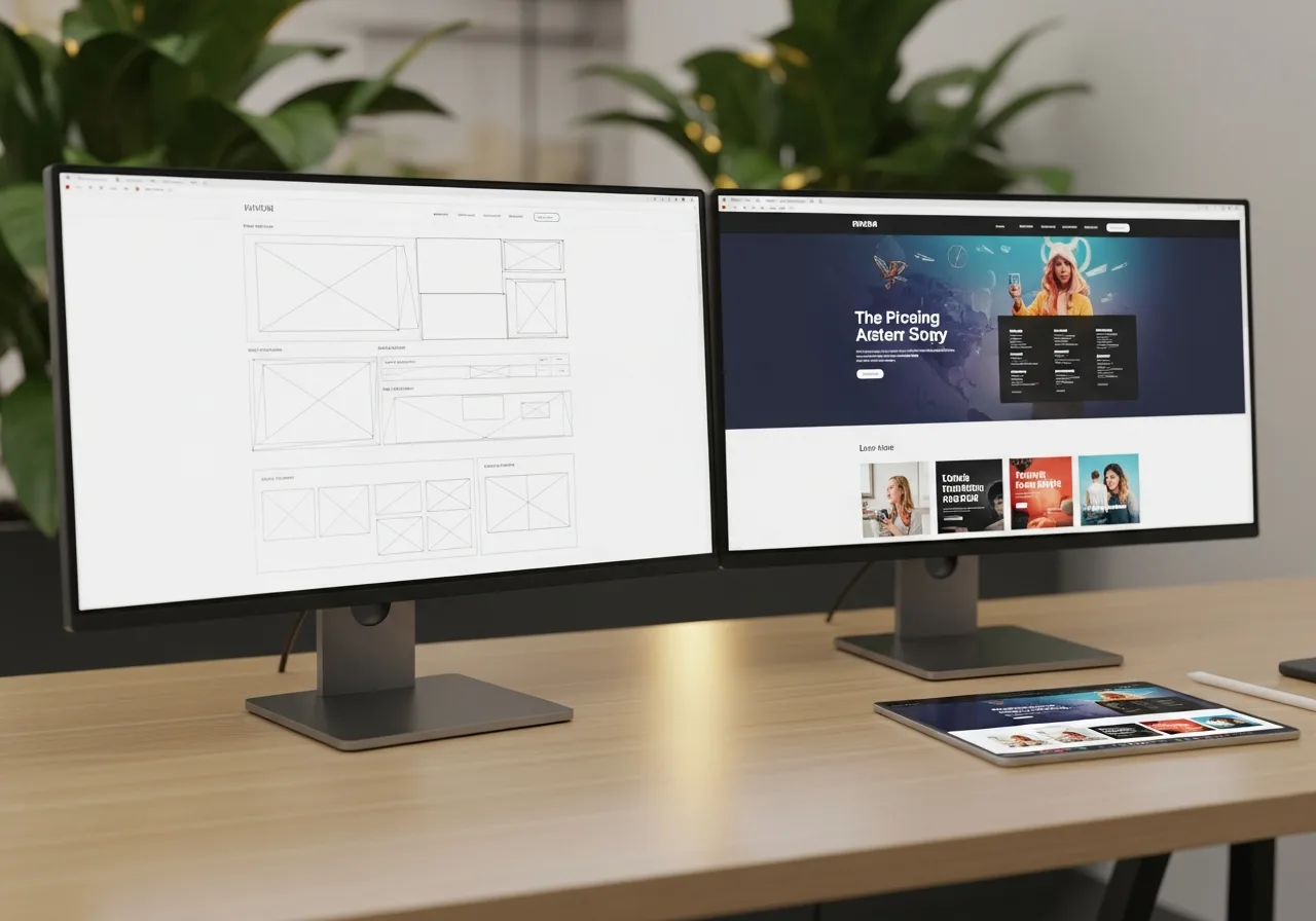 A web designer's monitor showing a wireframe and finished site