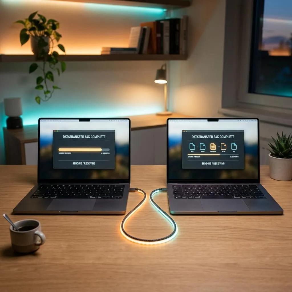 A clean modern desk with two laptops side-by-side transferring data