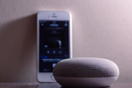 Bluetooth Speaker - Gray Google Home Mini Beside Silver Iphone 5s